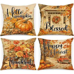 Fall 22x22 Throw Pillow Covers Set of 4, Watercolor Pumpkin hut car Decorative